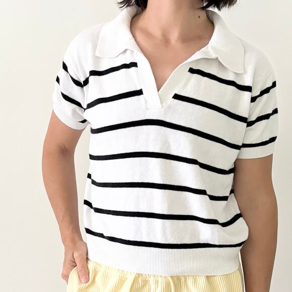 J.Crew Striped Polo Knit Short Sleeve Womens' Small Linen Blend White & Black - Picture 1 of 4